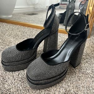 Black Rhinestone Platform Chunky Heels
